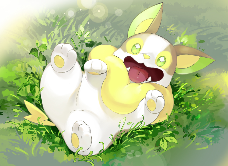 commentary_request fangs from_above full_body gen_8_pokemon grass green_eyes lens_flare looking_at_viewer lying mikami on_back open_mouth paws pokemon tongue tongue_out yamper