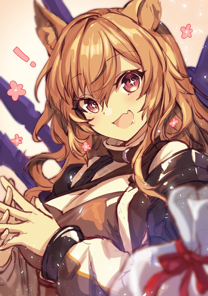 ! 1girl :d animal_ears arknights black_shirt blush breasts ceobe_(arknights) coat commentary dog_ears drooling eyebrows_visible_through_hair fang flower hair_between_eyes hands_clasped hands_together highres light_brown_hair long_hair looking_at_viewer medium_breasts off_shoulder open_mouth own_hands_together red_eyes saliva shirt simple_background skin_fang smile solo sparkling_eyes spica_1510 upper_body white_coat