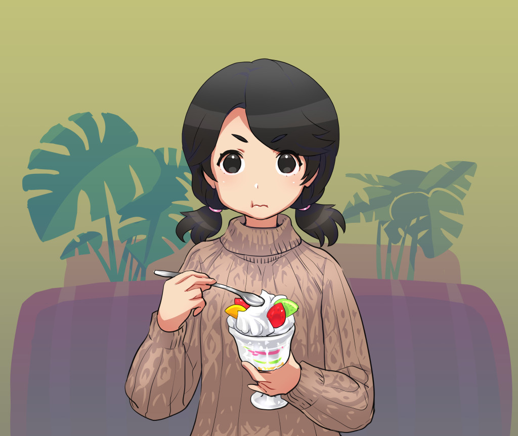 1girl black_eyes black_hair eating eyebrows_visible_through_hair fujisawa_takashi holding original parfait ribbed_sweater solo spoon sweater turtleneck turtleneck_sweater twintails upper_body