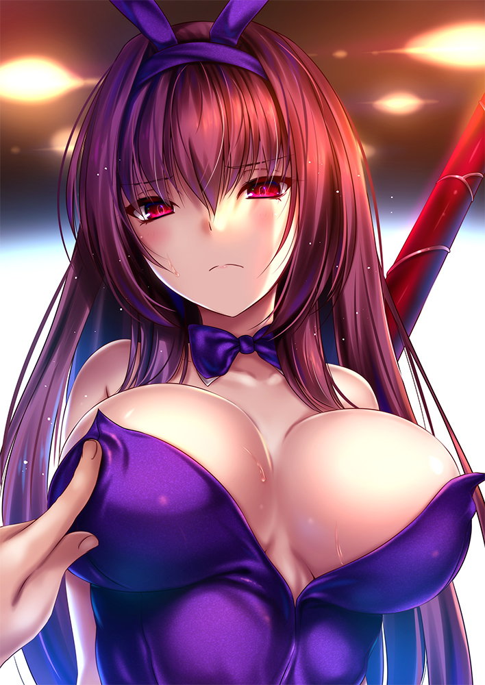 1boy 1girl akeyama_kitsune animal_ears blush breast_poke detached_collar fake_animal_ears fate/grand_order fate_(series) frown gae_bolg hairband leotard long_hair looking_down piercing_bunny playboy_bunny poking purple_hair purple_hairband purple_leotard rabbit_ears red_eyes scathach_(fate)_(all) scathach_(fate/grand_order) solo_focus