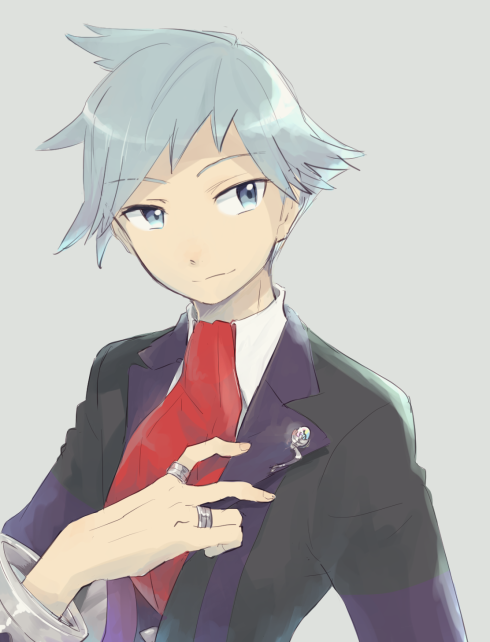 1boy black_jacket closed_mouth collared_shirt commentary_request grey_background grey_eyes grey_hair hand_up jacket jewelry long_sleeves looking_to_the_side male_focus necktie niimura_(csnel) pokemon pokemon_(game) pokemon_oras red_necktie ring shirt short_hair smile solo steven_stone upper_body white_shirt