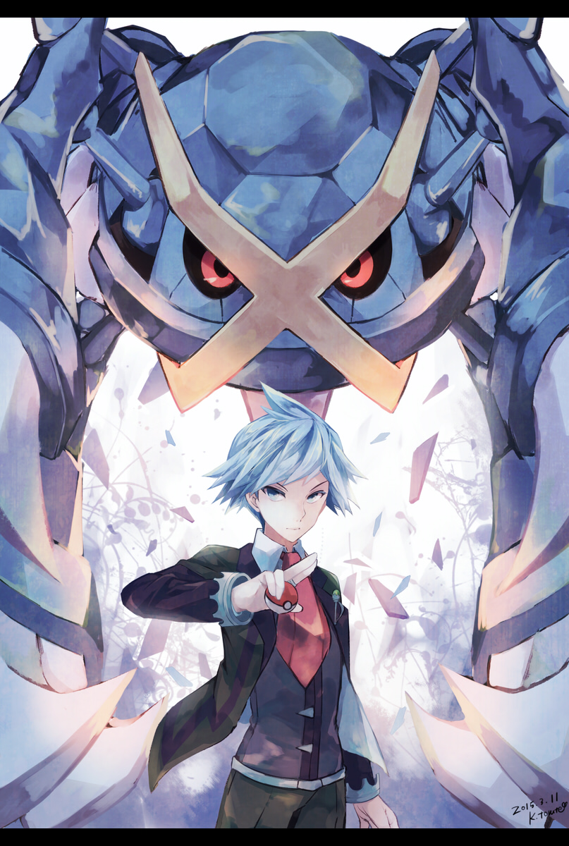 1boy blue_eyes blue_hair closed_mouth collared_shirt commentary_request dated gen_3_pokemon hand_up highres holding holding_poke_ball jacket kabocha_torute long_sleeves metagross open_clothes open_jacket pants poke_ball poke_ball_(basic) pokemon pokemon_(creature) pokemon_(game) pokemon_oras red_neckwear shirt spiky_hair steven_stone vest watermark white_shirt