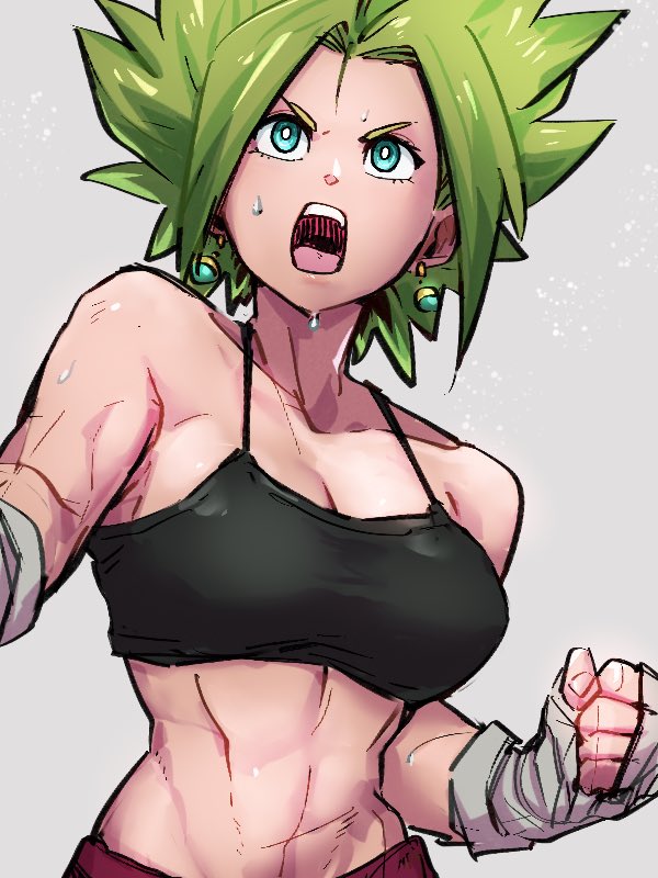 1girl blue_eyes clenched_hand dragon_ball dragon_ball_super earrings green_hair grey_background jewelry kefla_(dragon_ball) kemachiku midriff navel open_mouth potara_earrings short_hair simple_background solo teeth upper_teeth