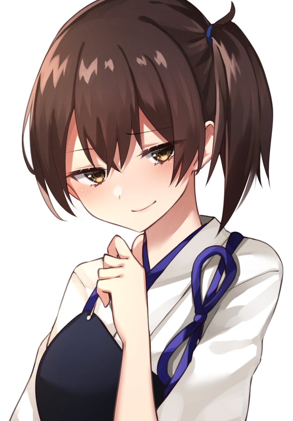 1girl brown_eyes brown_hair highres japanese_clothes kaga_(kantai_collection) kantai_collection katsuobushi_(eba_games) looking_at_viewer muneate short_hair side_ponytail simple_background smile solo tasuki upper_body white_background