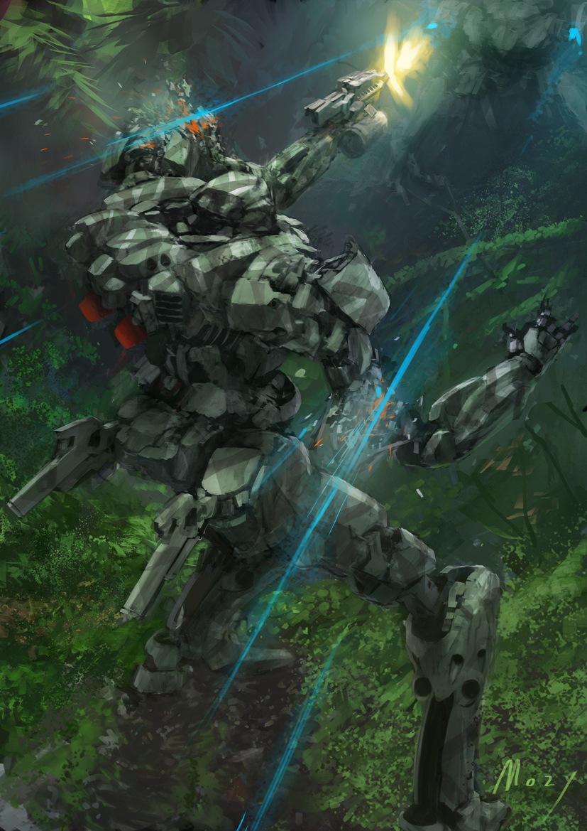 damaged firing from_above from_behind gun holding holding_gun holding_weapon jungle mecha mozuo nature no_humans original science_fiction solo weapon