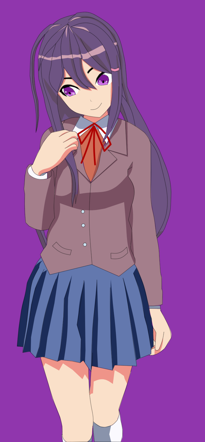 1girl arm_at_side bangs blazer blue_skirt breasts buttons closed_mouth cowboy_shot deviantjam doki_doki_literature_club eyebrows_behind_hair grey_jacket hair_between_eyes hair_ornament hairclip hand_in_hair head_tilt highres jacket legs long_hair long_sleeves looking_away looking_down medium_breasts miniskirt neck_ribbon orange_vest playing_with_own_hair pleated_skirt purple_background purple_hair purple_headwear red_neckwear red_ribbon ribbon school_uniform shiny shiny_hair shirt shy sidelocks simple_background skirt smile solo standing very_long_hair vest violet_eyes white_legwear white_shirt wing_collar yuri_(doki_doki_literature_club)