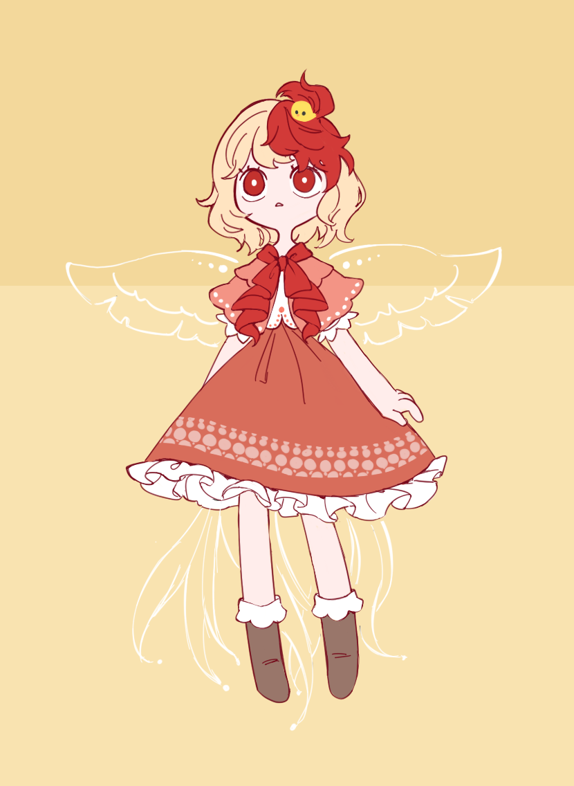 1girl animal_on_head bird bird_on_head bird_wings black_footwear blonde_hair chick frilled_skirt frills full_body kyo_(user_uwff4345) niwatari_kutaka no_nose on_head red_eyes red_skirt shoes short_hair short_sleeves skirt solo touhou wings yellow_background