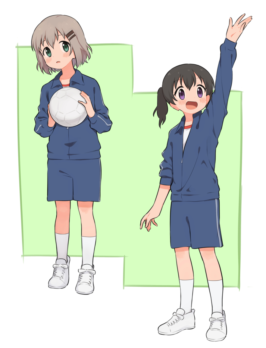 2girls arm_up ball black_hair green_eyes grey_hair gym_uniform hair_ornament hairclip holding holding_ball jacket jersey kuraue_hinata meis_(terameisu) multiple_girls open_mouth short_hair short_twintails track_jacket track_suit twintails violet_eyes yama_no_susume yukimura_aoi