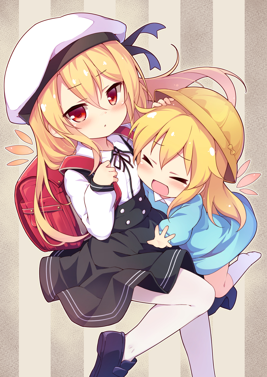 2girls :d :o backpack bag baku-p bangs beret black_footwear black_ribbon black_skirt blonde_hair blue_shirt blush brown_background closed_eyes collared_shirt commentary_request dress_shirt eyebrows_visible_through_hair hair_between_eyes hand_up hat highres holding_strap kindergarten_uniform kneehighs lily_black lily_white loafers long_hair long_sleeves multiple_girls neck_ribbon no_shoes open_mouth pantyhose parted_lips puffy_long_sleeves puffy_sleeves randoseru red_eyes ribbon school_hat shirt shoes skirt smile striped striped_background suspender_skirt suspenders touhou vertical_stripes very_long_hair white_headwear white_legwear white_shirt yellow_headwear