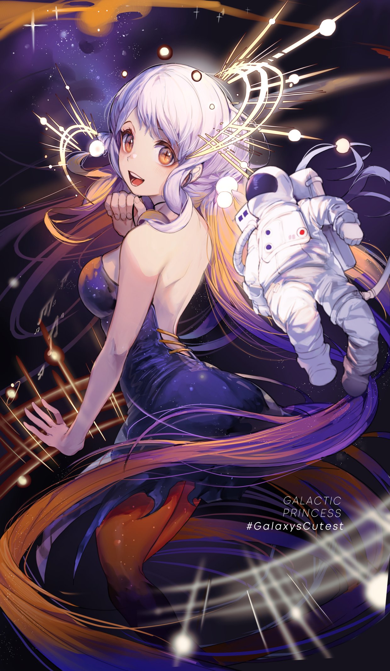 1girl astronaut backless_dress backless_outfit bangs bare_shoulders black_dress braid breasts dress formal from_side highres light_rays looking_at_viewer looking_back original pale_skin smile spacesuit star_(sky) velahka white_hair yellow_eyes