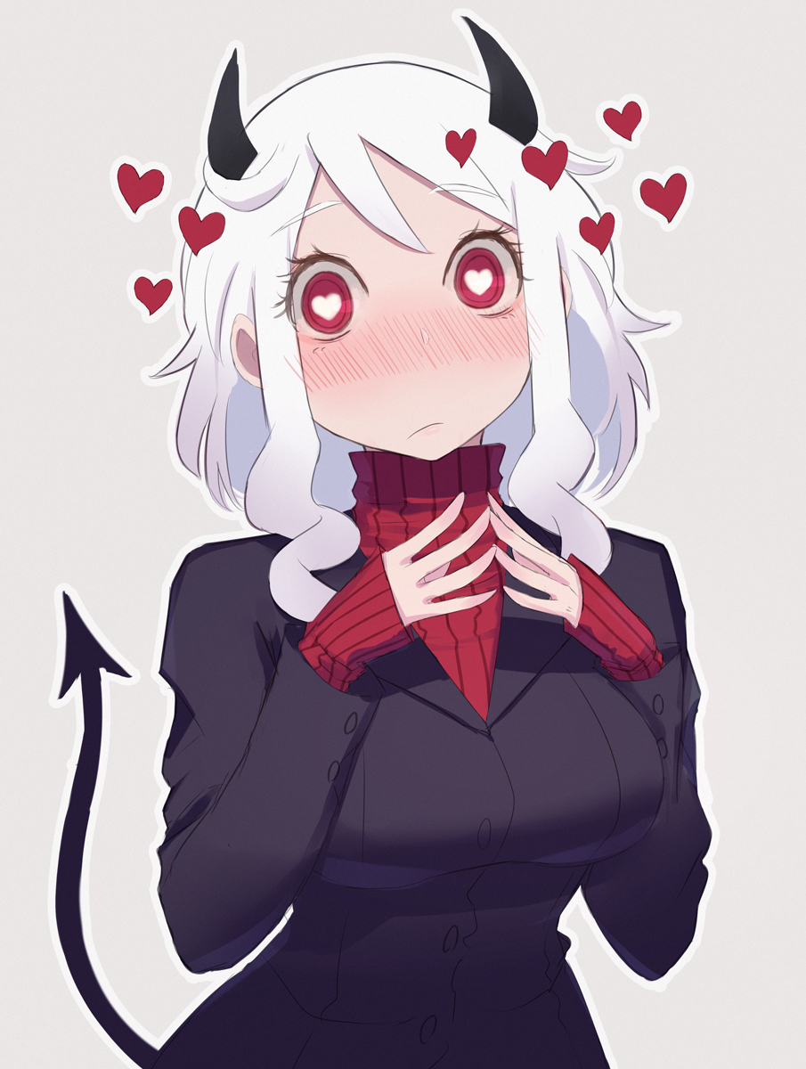 1girl asakiri_koko black_horns black_suit black_tail blush breasts closed_mouth demon_girl demon_horns demon_tail eyebrows_visible_through_hair heart heart-shaped_pupils helltaker highres horns looking_at_viewer modeus_(helltaker) red_eyes red_sweater ribbed_sweater simple_background solo sweater symbol-shaped_pupils tail white_background white_hair