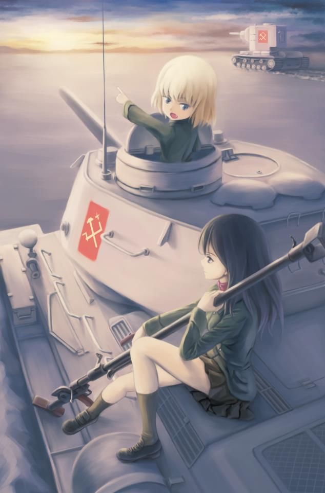 2girls anti-materiel_rifle anti-tank_gun black_eyes black_hair blonde_hair blue_eyes breasts caterpillar_tracks clouds emblem english_commentary evening fang girls_und_panzer ground_vehicle gun katyusha_(girls_und_panzer) kv-2 long_hair military military_vehicle motor_vehicle multiple_girls nonna_(girls_und_panzer) pointing pravda_(emblem) pravda_military_uniform ptrd-41 rifle shirt short_hair skirt sky sniper_rifle t-34 t-34-85 tank tyler_hoop weapon