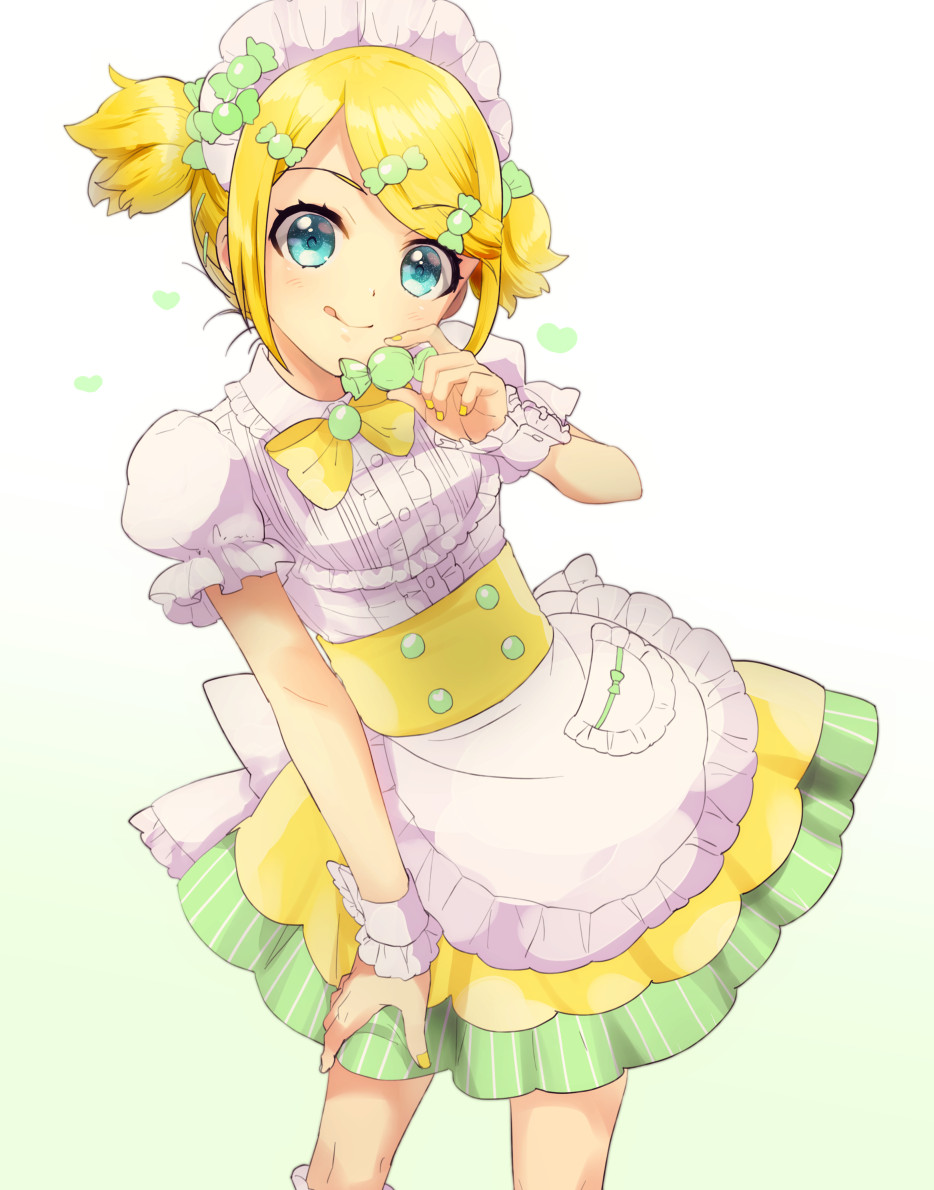 1girl apron aqua_eyes blonde_hair breasts bubble_skirt candy candy_wrapper dress eyebrows_visible_through_hair food frilled_cuffs frilled_dress frills hair_ornament hairclip hand_on_own_leg heart juliet_sleeves kagamine_rin kikuchi_mataha long_sleeves looking_at_viewer maid maid_headdress nail_polish puffy_short_sleeves puffy_sleeves short_sleeves short_twintails skirt small_breasts tongue twintails two-tone_skirt vocaloid wrist_cuffs yellow_nails