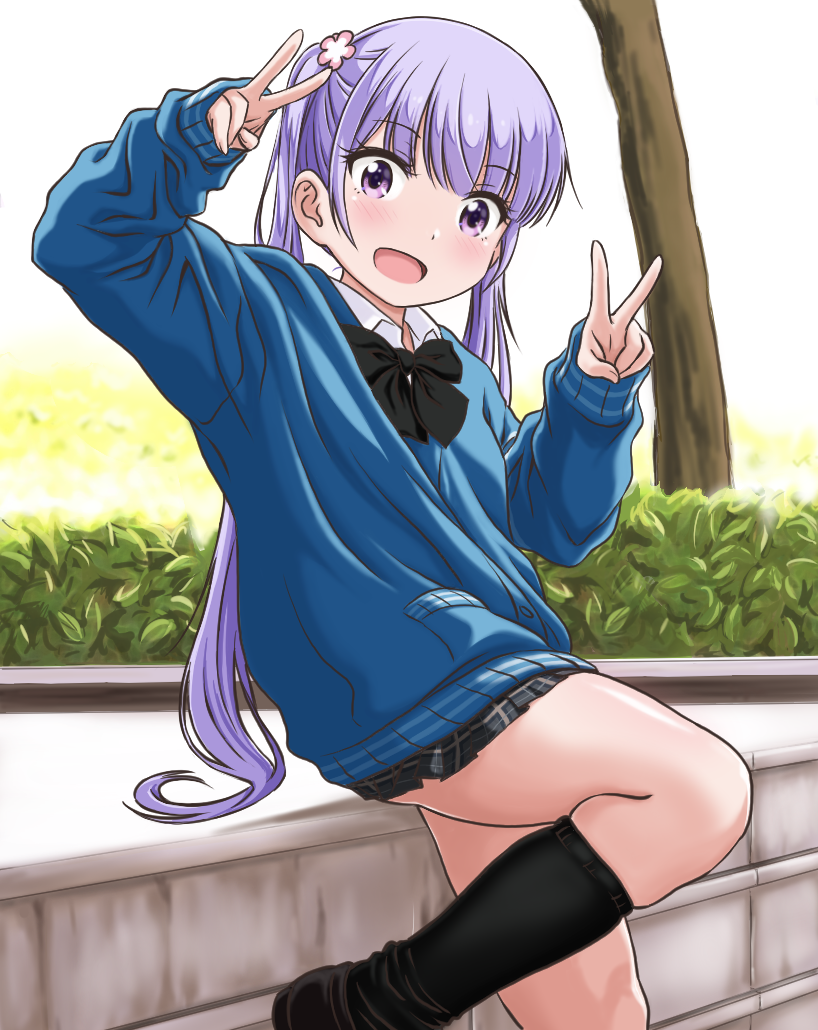 1girl :d apita_(apitaro) black_legwear day double_v flower hair_flower hair_ornament kneehighs leaning long_hair looking_at_viewer new_game! open_mouth outdoors purple_hair skindentation sleeves_past_wrists smile solo suzukaze_aoba twintails v violet_eyes