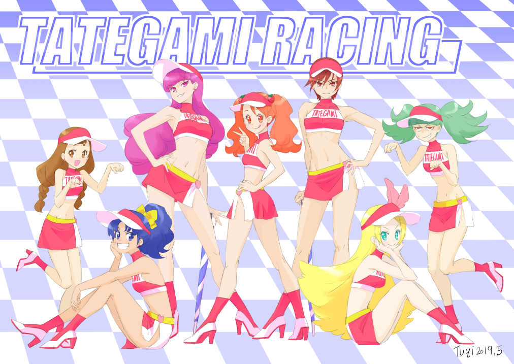 6+girls arisugawa_himari armpits bangs biburi_(precure) blonde_hair blue_eyes blue_hair blue_skirt bow braid breasts brown_eyes brown_hair checkered checkered_background closed_mouth crop_top earrings green_hair grin groin hair_between_eyes hair_bow half-closed_eyes hand_on_hilt high_heels high_ponytail jewelry kenjou_akira kirahoshi_ciel kirakira_precure_a_la_mode kotozume_yukari long_hair looking_at_viewer medium_breasts microskirt midriff multiple_girls navel orange_eyes orange_hair pink_eyes precure purple_hair racequeen red_eyes red_legwear redhead shiny shiny_hair short_hair side_slit skirt smile socks standing standing_on_one_leg stomach sweatdrop swept_bangs tategami_aoi tuqi_pix twin_braids umbrella usami_ichika v-shaped_eyebrows very_long_hair visor_cap yellow_bow