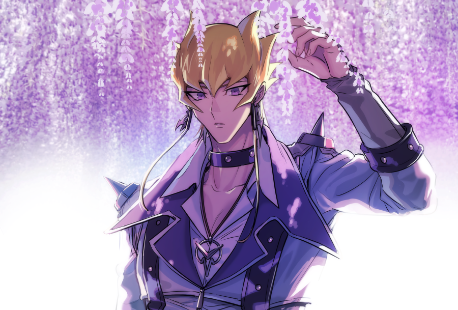 1boy black_choker blonde_hair choker coat collarbone flower hair_between_eyes hydrangea jack_atlas long_sleeves looking_at_viewer male_focus parted_lips spiky_hair torinomaruyaki upper_body violet_eyes yu-gi-oh! yu-gi-oh!_5d's