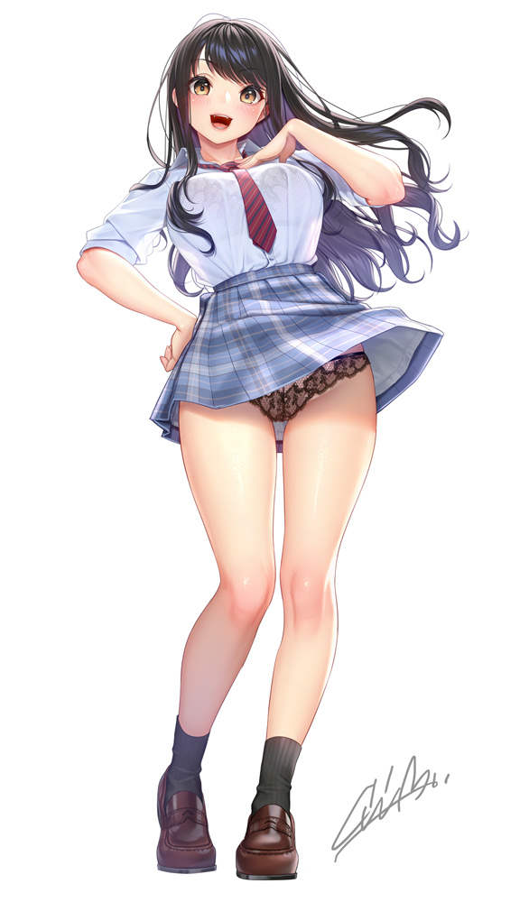 1girl :d bangs black_hair black_panties blush bra_through_clothes breasts brown_eyes collared_shirt floating_hair full_body lace lace_panties large_breasts loafers long_hair masami_chie necktie open_mouth original panties plaid plaid_skirt school_uniform shirt shoes sidelocks skirt smile socks solo standing swept_bangs thighs underwear