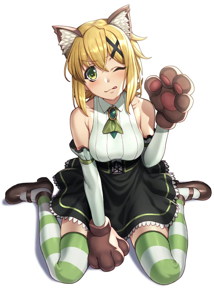 1girl akatsuki_kirika animal_ears bare_shoulders blonde_hair blush breasts cat_ears closed_mouth collarbone dress eyebrows_visible_through_hair frilled_dress frills full_body gloves green_eyes hair_ornament hairclip large_breasts looking_at_viewer one_eye_closed paw_gloves paws senki_zesshou_symphogear shiny shiny_hair short_hair simple_background solo striped striped_legwear thigh-highs tongue tongue_out tsukamoto_kensuke white_background