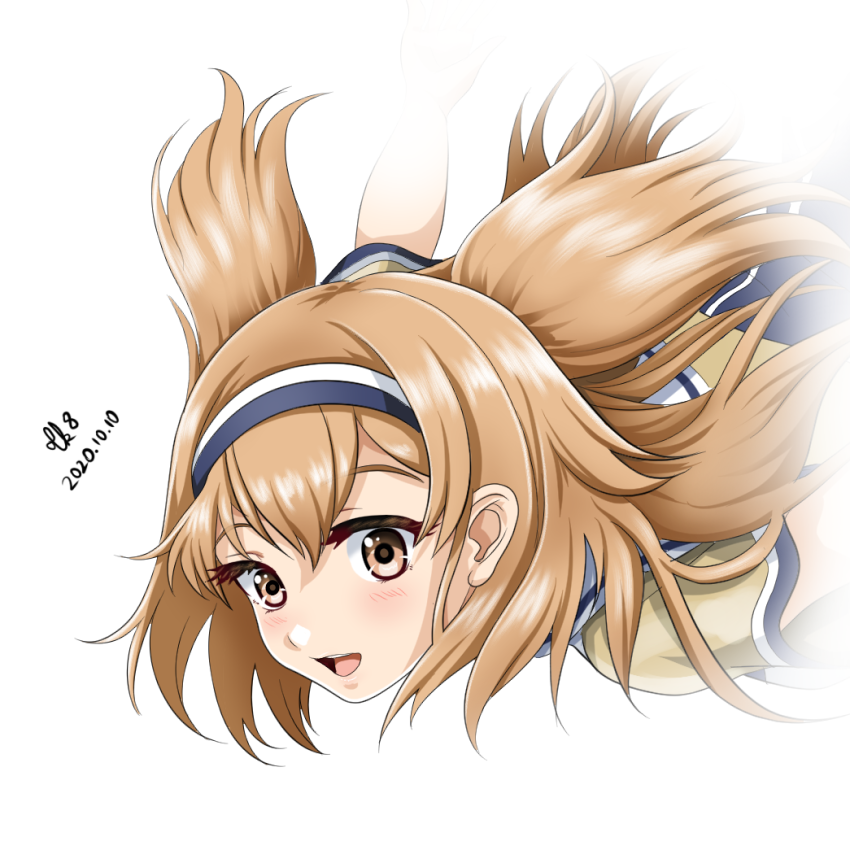 1girl brown_eyes brown_shirt commentary_request dated hairband i-26_(kantai_collection) kantai_collection light_brown_eyes light_brown_hair long_hair sailor_collar shirt simple_background smile solo tk8d32 twitter_username two-tone_hairband two_side_up upper_body white_background white_sailor_collar