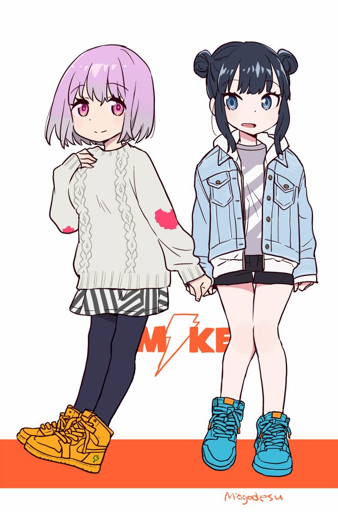 2girls alternate_costume alternate_hairstyle black_hair blue_eyes brand_name_imitation double_bun fashion mago multiple_girls nike open_mouth pantyhose purple_hair shinjou_akane shoes short_hair sneakers ssss.gridman sweater symbol_commentary takarada_rikka