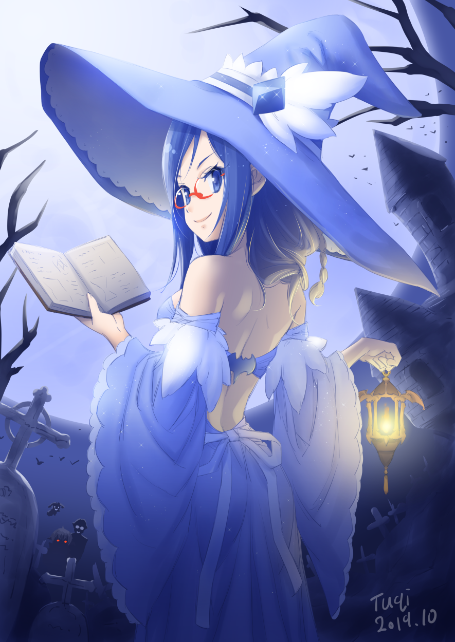 1girl 2019 backless_dress backless_outfit black_dress blue_eyes blue_hair blue_sleeves breasts closed_mouth detached_sleeves dokidoki!_precure dress from_behind glasses highres hishikawa_rikka holding holding_lantern lantern long_hair long_sleeves looking_back medium_breasts precure red-framed_eyewear shoulder_blades sleeveless sleeveless_dress smile standing tuqi_pix wide_sleeves