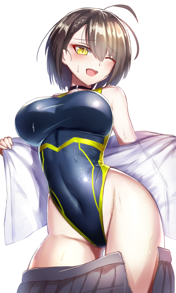 1girl ahoge azur_lane baltimore_(after-school_ace)_(azur_lane) baltimore_(azur_lane) bangs black_skirt black_swimsuit braid breasts brown_hair choker commentary_request competition_swimsuit contrapposto covered_navel cowboy_shot dress_shirt eyebrows_visible_through_hair french_braid groin hair_between_eyes highleg highleg_swimsuit large_breasts oboenikui_namae one-piece_swimsuit one_eye_closed open_clothes pleated_skirt revision shiny shiny_clothes shirt short_hair simple_background skirt solo sweat swimsuit swimsuit_under_clothes undressing white_background yellow_eyes