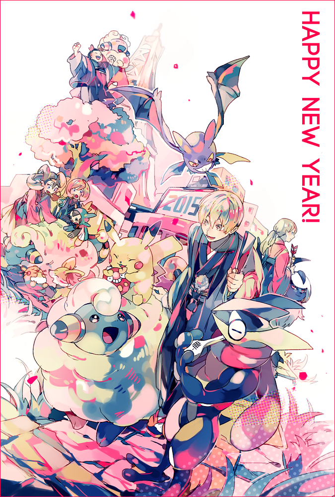 2girls 3boys absol blonde_hair brown_hair calem_(pokemon) commentary_request crobat darumaka dated dedenne fennekin gen_1_pokemon gen_2_pokemon gen_3_pokemon gen_5_pokemon gen_6_pokemon greninja hands_up happy happy_new_year holding long_hair long_sleeves looking_down lumiose_city mareep multiple_boys multiple_girls new_year open_mouth orange_hair pikachu pokemon pokemon_(creature) pokemon_(game) pokemon_xy ponytail serena_(pokemon) shauna_(pokemon) smile tied_hair tierno_(pokemon) tongue trevor_(pokemon) wide_sleeves yuuichi_(bobobo)