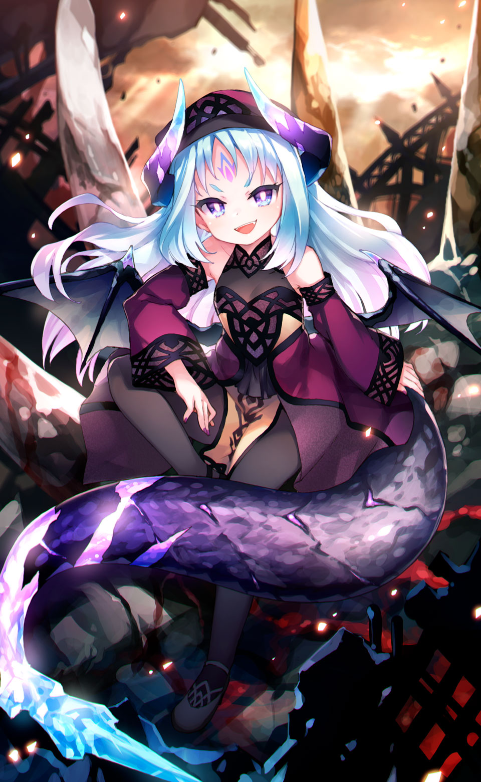 1girl :d bare_shoulders beret black_footwear black_legwear blue_hair commentary detached_sleeves dragon_girl dragon_tail dragon_wings dress facial_mark fangs flat_chest forehead_mark full_body gradient_hair hat highres horns kito_(sorahate) large_tail looking_at_viewer multicolored_hair open_mouth original pantyhose pelvic_curtain shoes smile solo tail v-shaped_eyebrows violet_eyes white_hair wide_sleeves wings