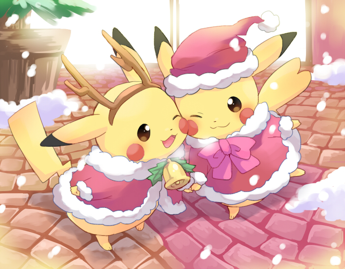 bell blush brown_eyes cheek-to-cheek christmas commentary_request fur_trim gen_1_pokemon hairband hat long_sleeves no_humans one_eye_closed open_mouth pikachu plant pokemon pokemon_(creature) potted_plant santa_hat shakeko_(shake5) smile snow snowing standing tongue