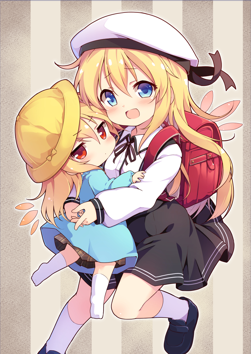 2girls :d backpack bag baku-p bangs beret black_footwear black_legwear black_ribbon black_skirt blonde_hair blue_eyes blue_shirt blush brown_background brown_skirt closed_mouth collared_shirt dress_shirt eyebrows_visible_through_hair hair_between_eyes hat highres kindergarten_uniform kneehighs lily_black lily_white loafers long_hair multiple_girls neck_ribbon no_shoes open_mouth plaid plaid_skirt pleated_skirt randoseru red_eyes ribbon school_hat shirt shoes skirt smile socks soles striped striped_background suspender_skirt suspenders touhou vertical_stripes very_long_hair white_headwear white_shirt yellow_headwear