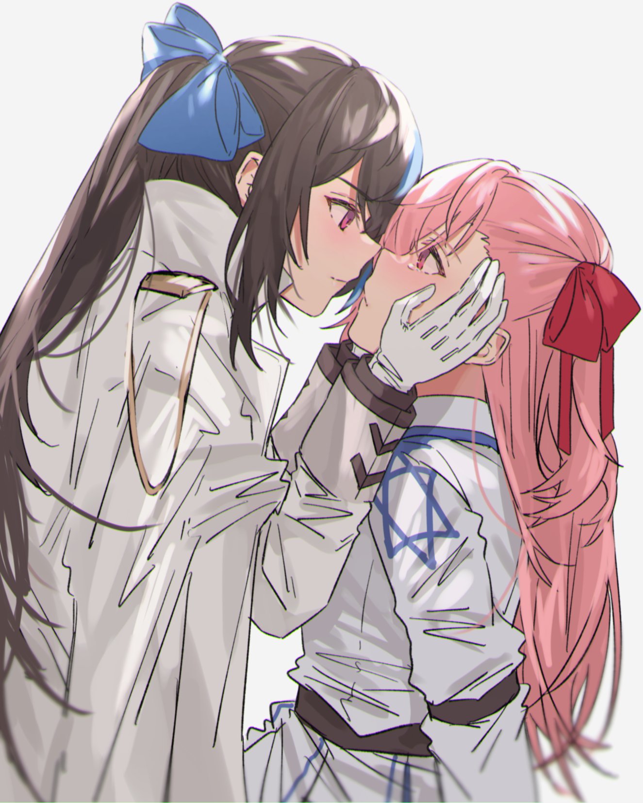 2girls aogisa blue_hair blush commentary_request crying crying_with_eyes_open eyebrows_visible_through_hair face-to-face girls_frontline gloves hair_ribbon hexagram highres jacket jacket_on_shoulders jericho_(girls_frontline) looking_at_another military military_uniform multiple_girls negev_(girls_frontline) pink_eyes pink_hair ribbon star_of_david tears uniform white_gloves white_uniform yuri