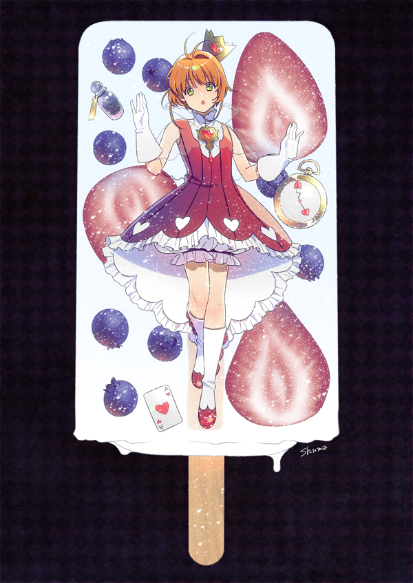 1girl :o alice_in_wonderland anxia artist_name berries bloomers boots bottle brooch brown_hair card cardcaptor_sakura clothing_cutout crown dress elbow_gloves food fruit gloves gown green_eyes heart heart_cutout jewelry kinomoto_sakura knee_boots minigirl playing_card pocket_watch popsicle red_dress see-through short_hair signature sleeveless sleeveless_dress solo strawberry sweets underwear watch white_footwear white_gloves