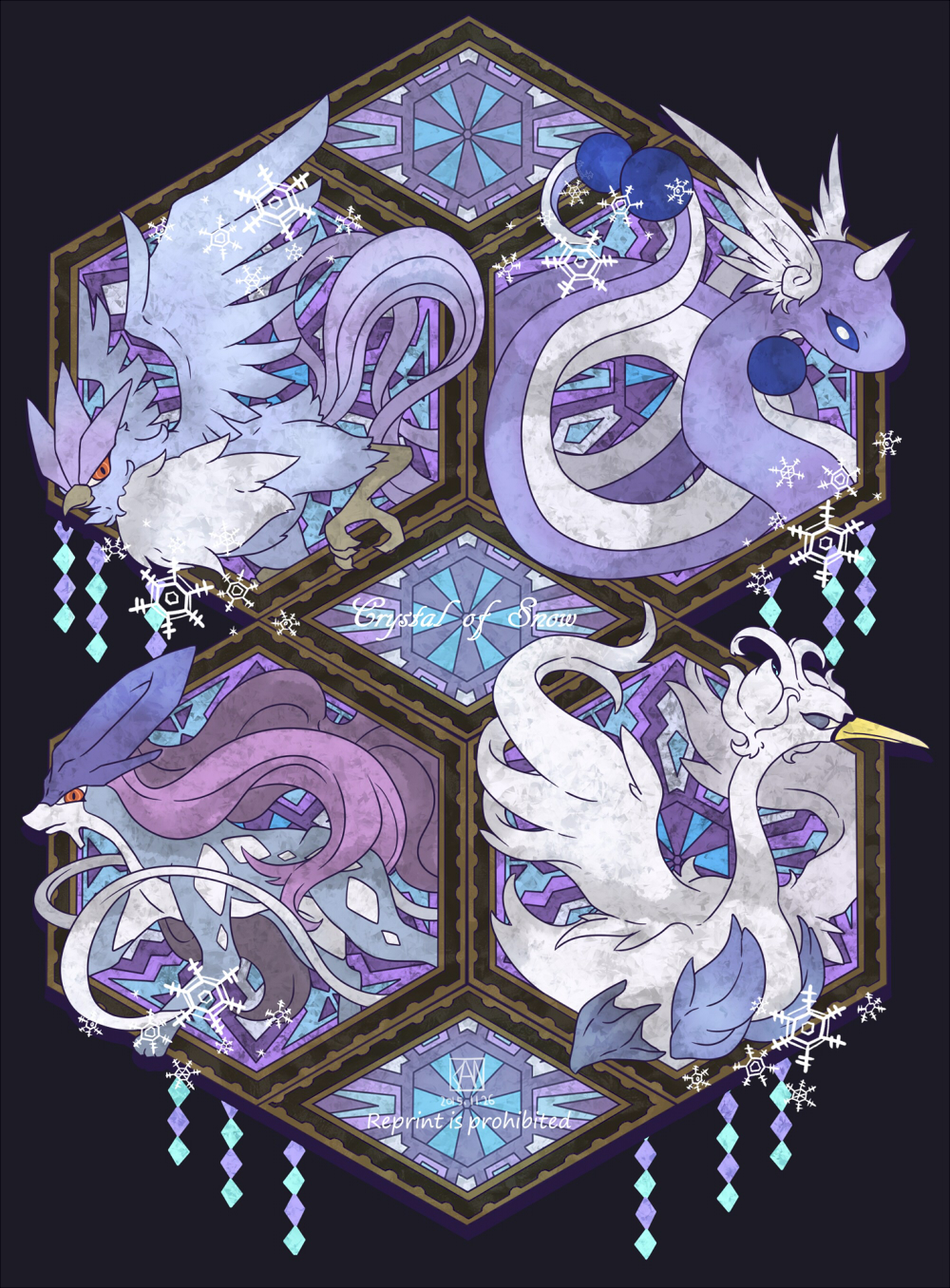 articuno beak closed_mouth commentary_request dated dragonair gen_1_pokemon gen_2_pokemon gen_5_pokemon highres kanna_(kan419_k) legendary_pokemon looking_at_viewer no_humans pokemon red_eyes repost_notice snowflakes stained_glass suicune swanna talons wings