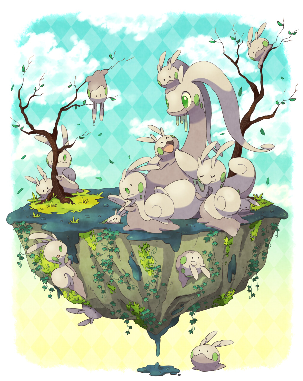 bare_tree closed_mouth clouds commentary_request gen_6_pokemon goodra goomy grass green_eyes highres jippe leaf no_humans on_head open_mouth pokemon pokemon_(creature) pokemon_on_head sliggoo slime smile tongue tree