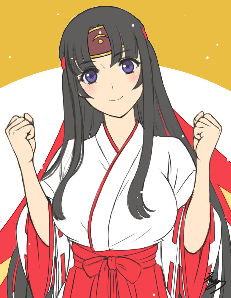 1girl anniversary black_hair blush breasts clenched_hands closed_mouth commentary_request eiwa eyebrows_visible_through_hair hakama hands_up headband japanese_clothes large_breasts long_hair long_sleeves looking_at_viewer low-tied_long_hair miko musha_miko_tomoe official_art queen's_blade red_hakama red_headband sidelocks signature smile solo tomoe two-tone_background very_long_hair violet_eyes wide_sleeves