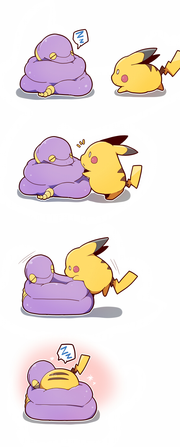 0_0 azuma_minatsu climbing closed_eyes coil commentary_request ekans gen_1_pokemon highres no_humans pikachu pokemon pokemon_(creature) sleeping speech_bubble spoken_zzz zzz