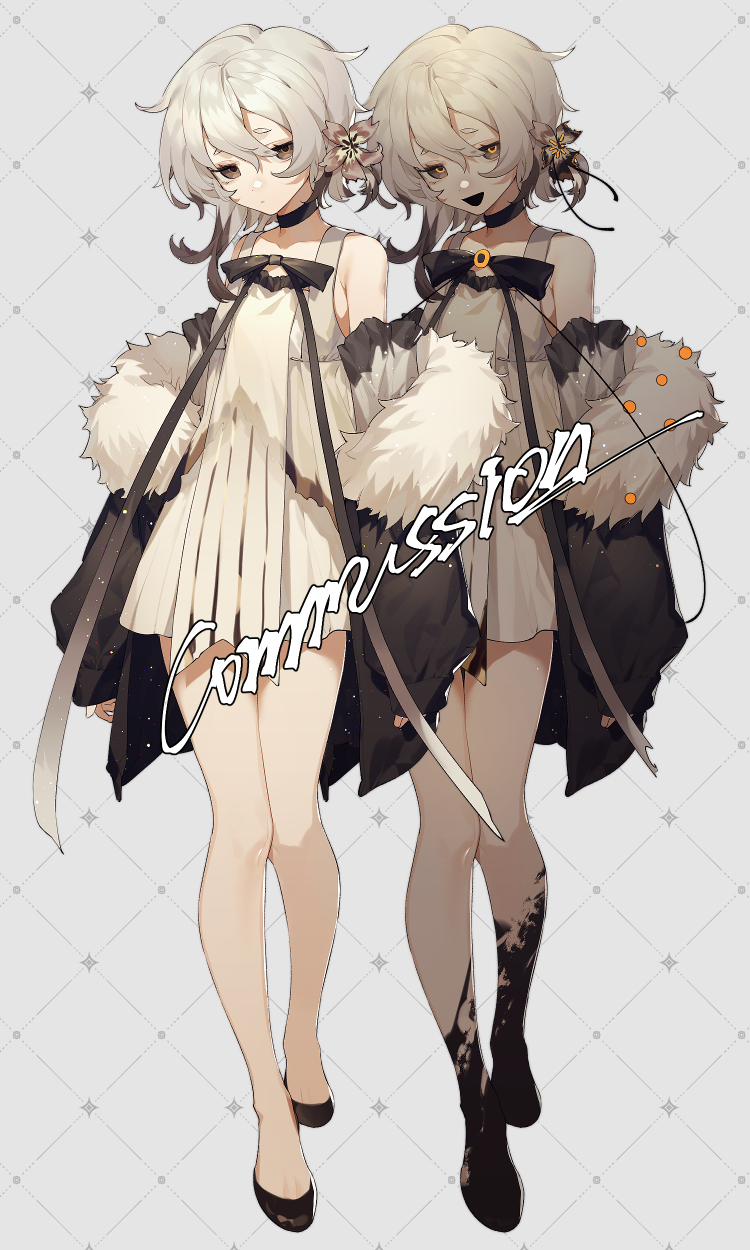 1girl bare_shoulders brown_eyes commission detached_sleeves full_body fur_collar grey_hair highres original patterned_background shoes silver_hair smile solo suteinua watermark