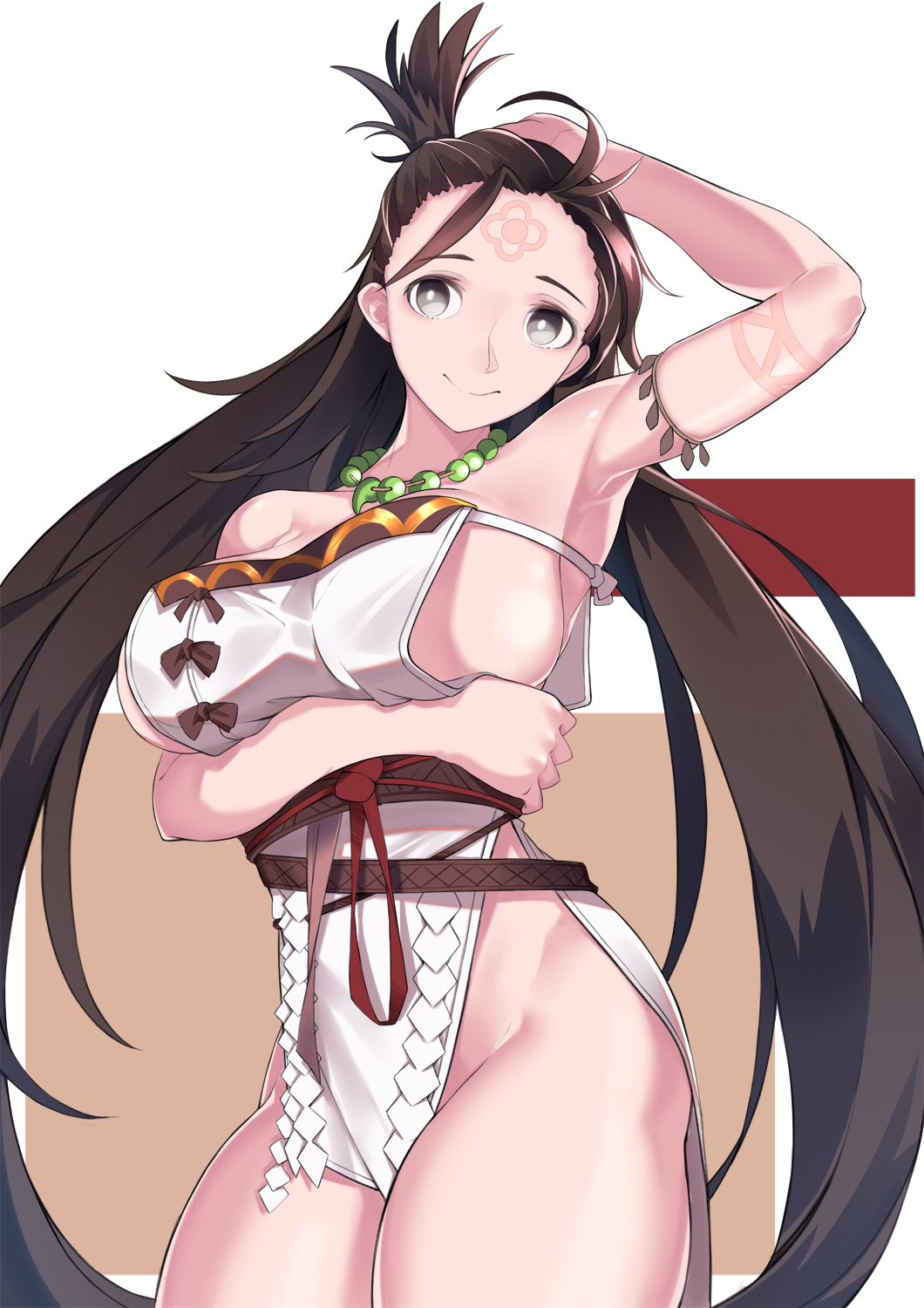 1girl arm_behind_head arm_under_breasts arm_up armpits bare_shoulders blush body_markings breasts brown_eyes brown_hair closed_mouth dress facial_mark fate/grand_order fate_(series) forehead forehead_mark highres himiko_(fate) large_breasts long_hair looking_at_viewer magatama magatama_necklace mrnn sash side_slit sideboob smile thighs topknot white_dress