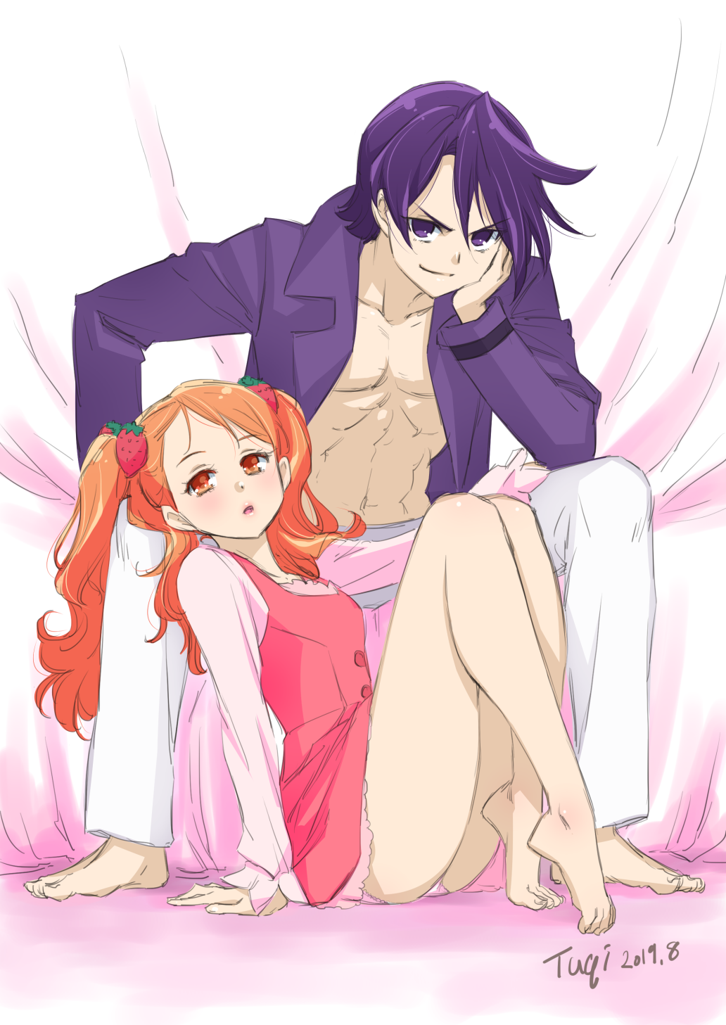 1boy 1girl bangs barefoot couple dress food_themed_hair_ornament full_body hair_ornament head_rest hetero highres kirakira_precure_a_la_mode kuroki_rio long_hair long_sleeves looking_at_viewer open_mouth orange_eyes orange_hair panties pants pantyshot pinafore_dress pink_dress pink_panties precure purple_hair shiny shiny_hair shirt short_dress short_hair sketch sleeveless sleeveless_dress strawberry_hair_ornament swept_bangs tuqi_pix twintails underwear usami_ichika v-shaped_eyebrows violet_eyes white_pants white_shirt