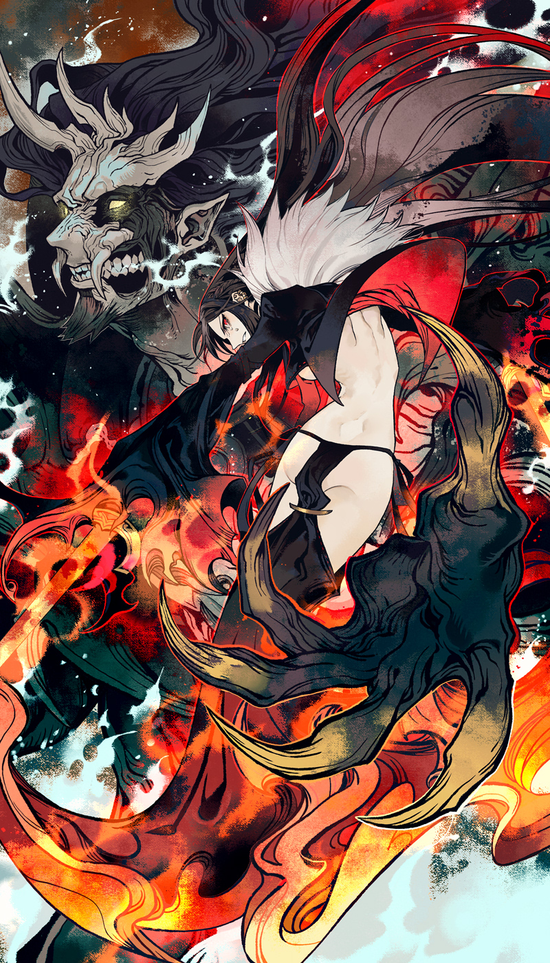1boy 1girl black_hair black_hairband breath brown_hair claws consort_yu_(fate) crying earrings facial_hair fate/grand_order fate_(series) fire flaming_weapon fur_trim glowing glowing_eyes hairband highres jewelry long_hair monster parted_lips pointy_ears red_eyes sleeves_past_fingers sleeves_past_wrists slit_pupils sword tears teeth tobi0728 torn torn_clothes very_long_hair weapon xiang_yu_(fate/grand_order) yellow_eyes