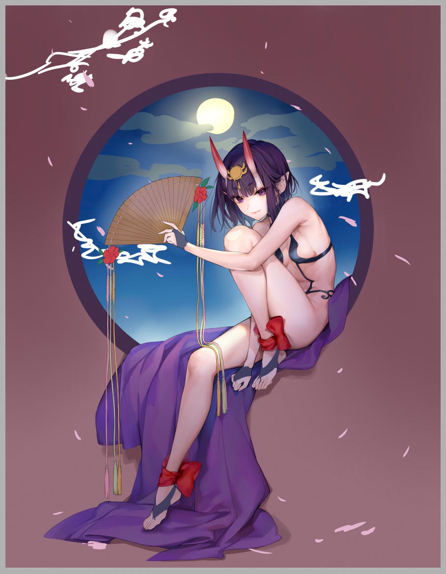 1girl bangs bare_arms bare_shoulders breasts closed_mouth commentary_request eyebrows_visible_through_hair fan fate/grand_order fate_(series) hair_ornament holding horns kaguyuzu knee_up lips looking_at_viewer oni_horns petals pointy_ears purple_hair shuten_douji_(fate/grand_order) simple_background small_breasts solo thighs toes violet_eyes