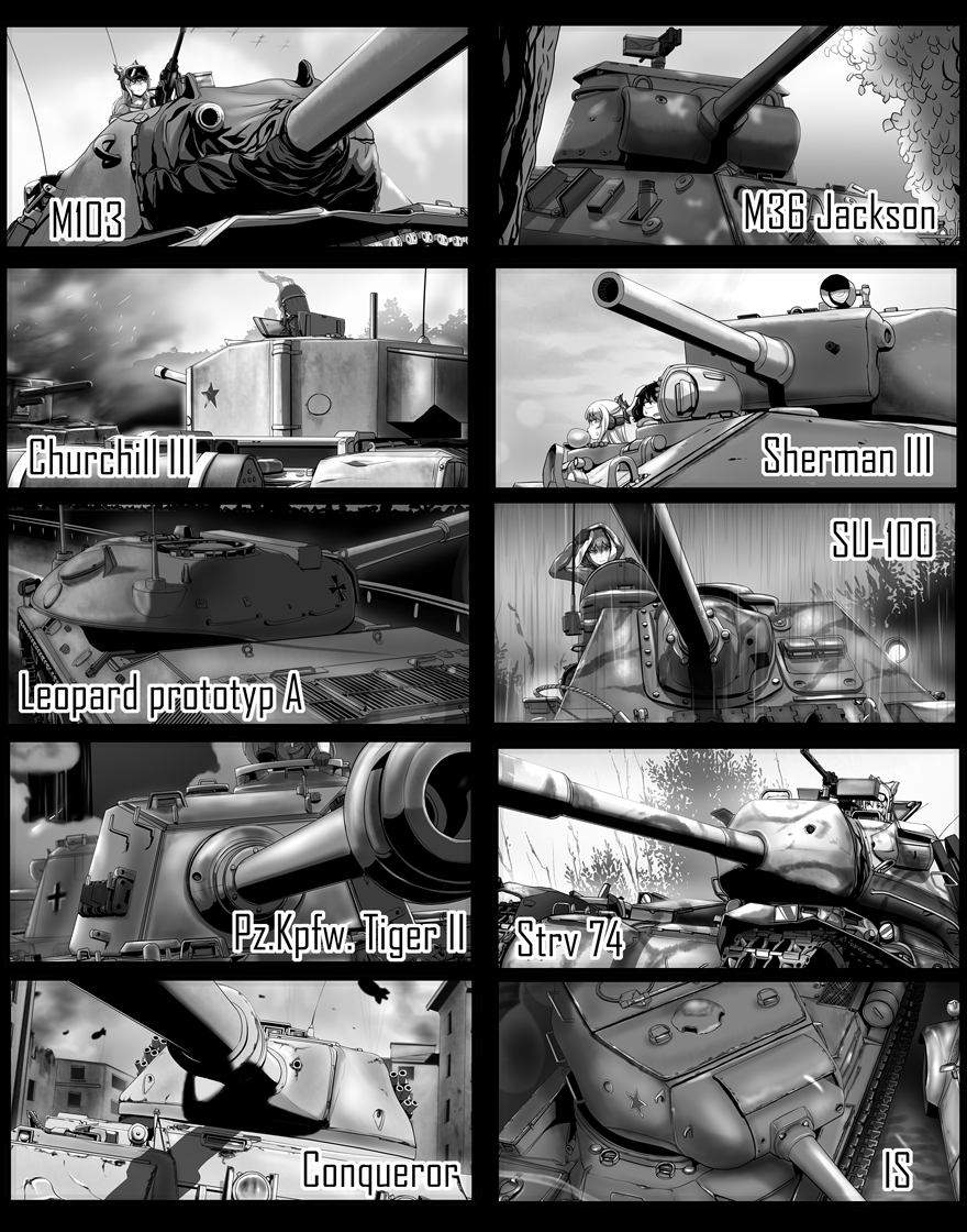 3girls aircraft animal_ears churchill_(tank) commentary_request conqueror_(tank) fujiwara_no_mokou ground_vehicle gun inaba_tewi is-1 leopard_1 m103_heavy_tank m36_jackson m4_sherman machine_gun military military_vehicle motor_vehicle multiple_girls rabbit_ears reisen_udongein_inaba sky stridsvagn_74 su-100 tank tiger_ii touhou tree weapon world_of_tanks yaruku