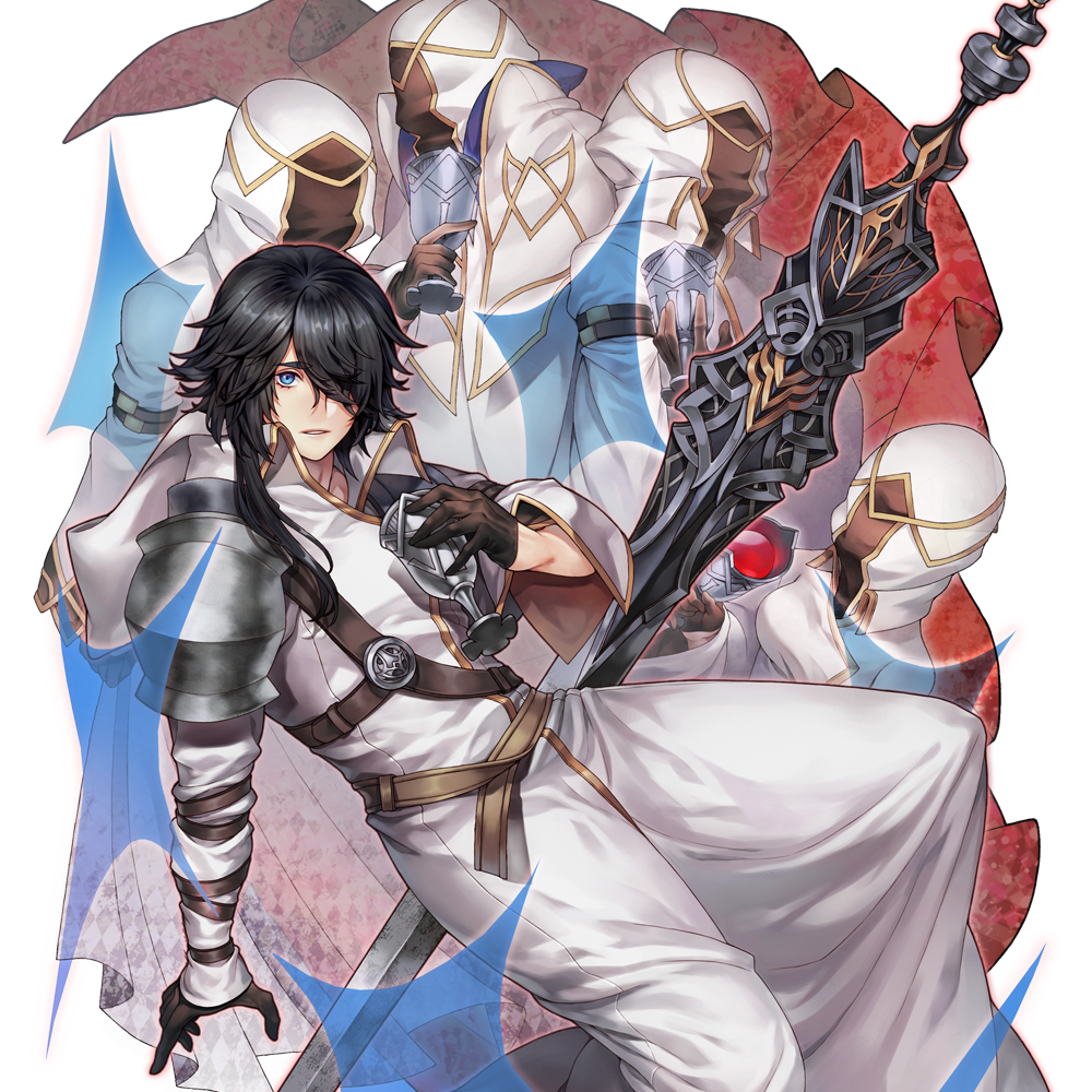 1girl 4boys ambiguous_red_liquid armor black_gloves black_hair blue_eyes cup gloves hair_over_one_eye half_gloves holding holding_cup hood hood_down knight liquid medium_hair multiple_boys original pauldrons shoulder_armor sword weapon wide_sleeves winter_(winter168883)