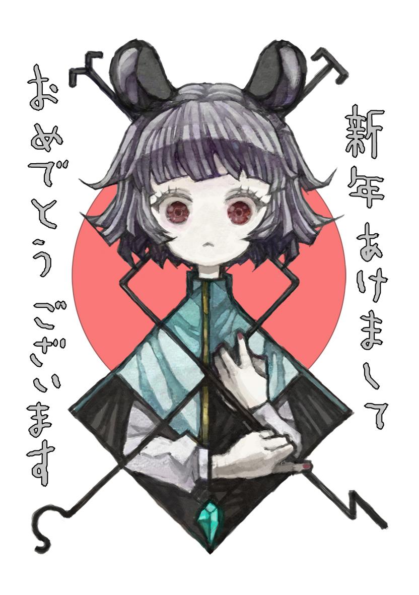 1girl animal_ears ashitano_kirin bangs diamond_(shape) grey_hair long_sleeves looking_at_viewer mouse_ears nazrin no_nose red_circle red_eyes short_hair solo touhou translation_request upper_body