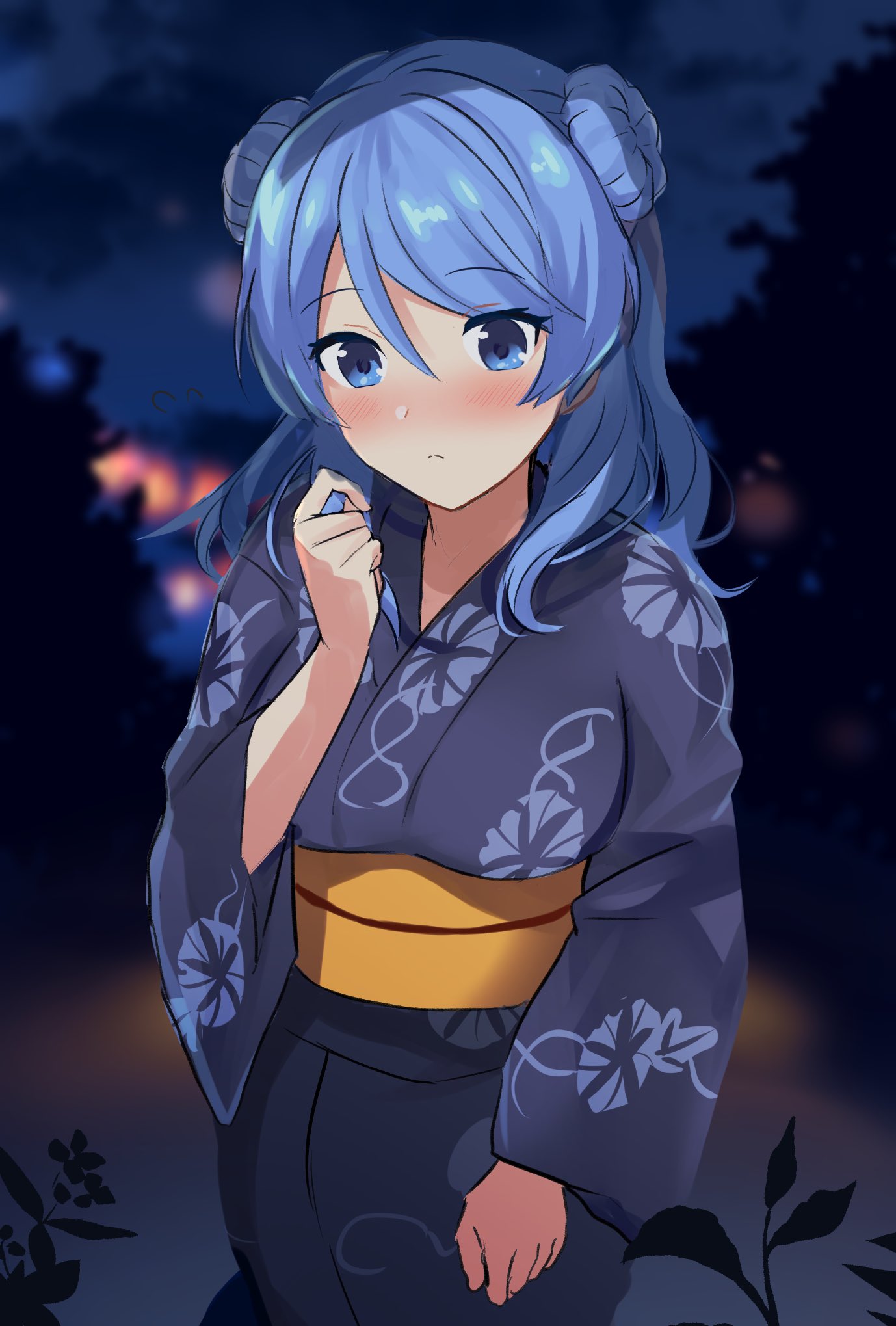 1girl blue_eyes blue_hair blue_kimono blush breasts clouds double_bun floral_print highres japanese_clothes kantai_collection kimono looking_at_viewer medium_breasts night official_alternate_costume outdoors senbei_(senbe_i) solo urakaze_(kantai_collection) yukata