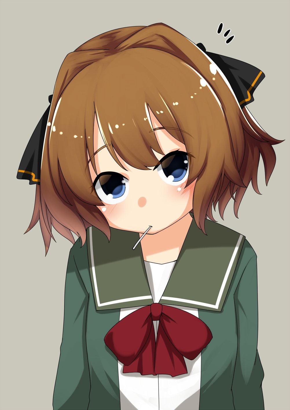 1girl black_ribbon blue_eyes brown_hair candy food green_jacket green_sailor_collar grey_background hachijou_(kantai_collection) hair_ribbon highres jacket kantai_collection lollipop long_sleeves looking_at_viewer nassukun neck_ribbon red_ribbon ribbon sailor_collar school_uniform serafuku short_hair simple_background solo upper_body