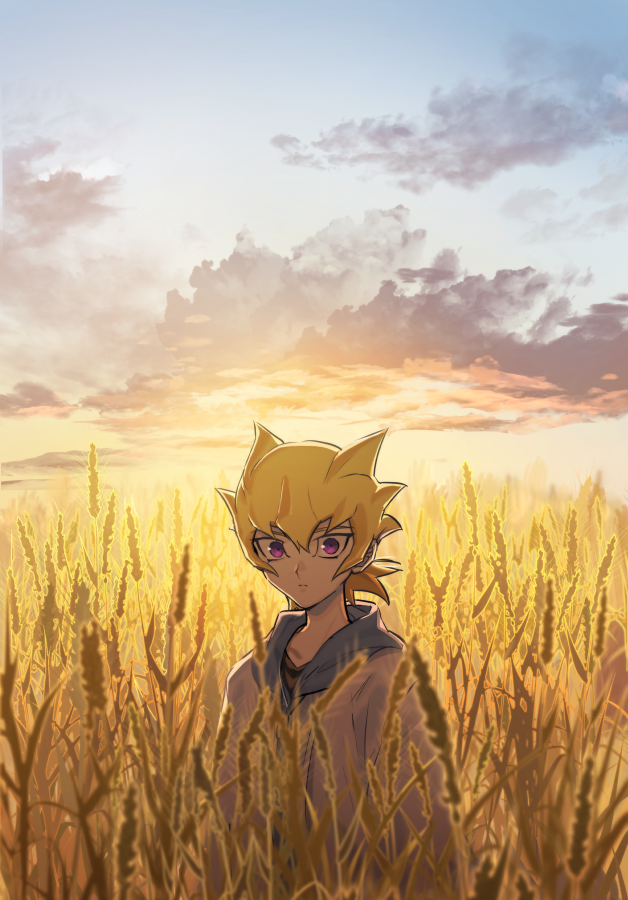 1boy blonde_hair child closed_mouth day jack_atlas jacket looking_at_viewer male_focus outdoors solo torinomaruyaki violet_eyes wheat_field white_jacket younger yu-gi-oh! yu-gi-oh!_5d's