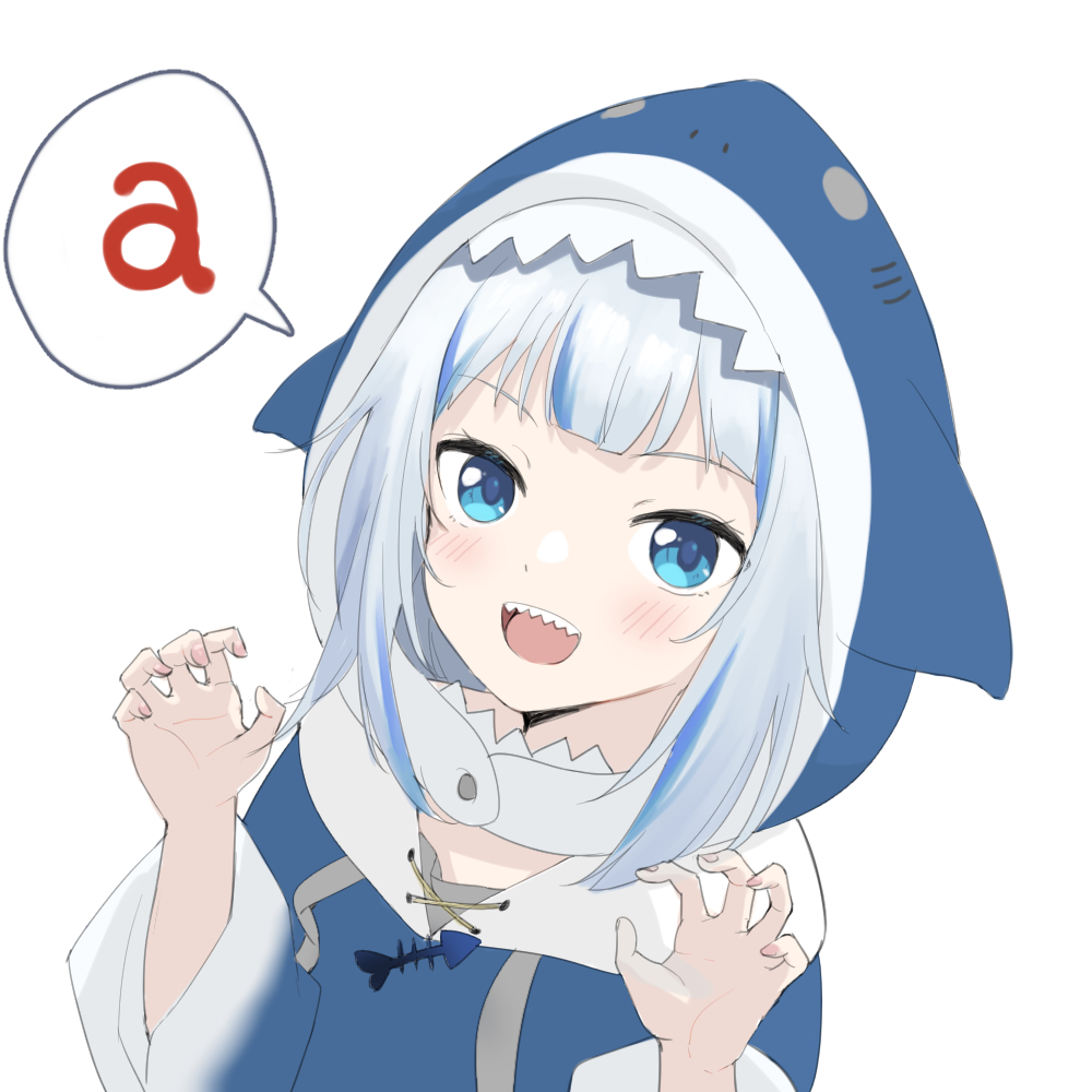 1girl animal_hood blue_eyes blue_hair claw_pose eyebrows_visible_through_hair fish_bone gawr_gura highlights hololive hololive_english hood hood_up lo_xueming looking_at_viewer multicolored_hair open_mouth shark_hood sharp_teeth speech_bubble teeth virtual_youtuber white_background white_hair
