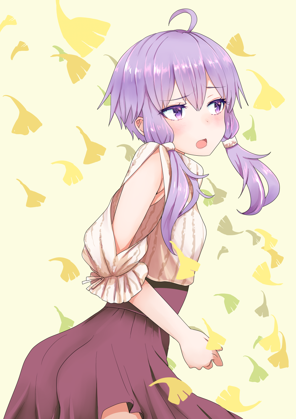 1girl ahoge bangs blush brown_background brown_skirt commentary_request eyebrows_visible_through_hair ginkgo_leaf hair_between_eyes highres kakan_(amka) long_hair looking_away open_mouth pleated_skirt puffy_short_sleeves puffy_sleeves purple_hair short_sleeves simple_background skirt solo sweater turtleneck turtleneck_sweater violet_eyes voiceroid white_sweater yuzuki_yukari