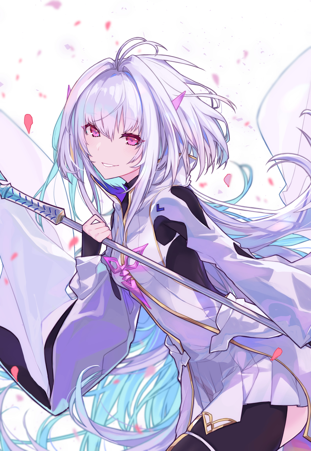 1girl ahoge bangs black_gloves black_pants breasts fate/grand_order fate/prototype fate_(series) fingerless_gloves gloves highres hitoshi holding holding_staff long_hair long_sleeves looking_at_viewer medium_breasts merlin_(fate/prototype) pants petals smile staff thighs very_long_hair violet_eyes white_hair white_robe wide_sleeves